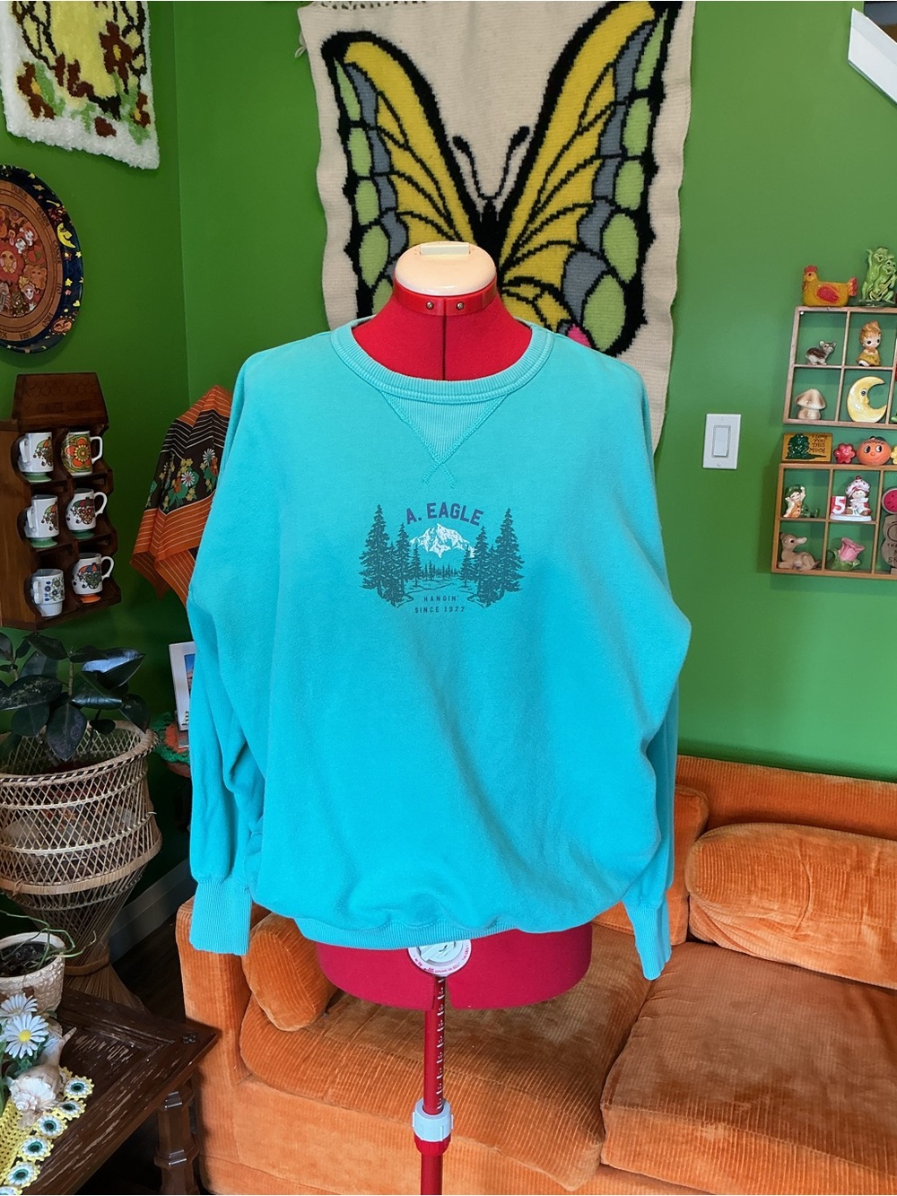 American Eagle Outfitters Turquoise Graphic Crewneck Sweatshirt